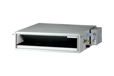 وحدة تكييف هواء مستطيلة الشكل ونحيفة مع منفذ هواء أسود عريض وغطاء معدني، تظهر على خلفية فاتحة اللون.