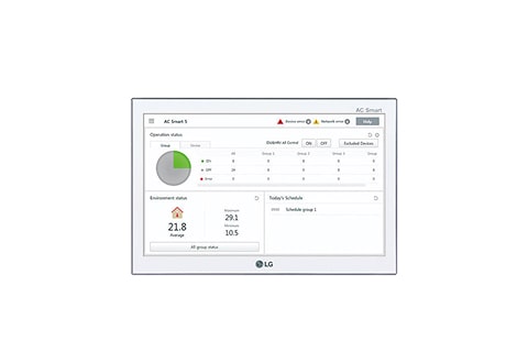 واجهة تحكم على شكل شاشة تعمل باللمس تعرض حالة التدفئة والتهوية وتكييف الهواء وبيانات الطاقة وتنبيهات النظام على لوحة بيضاء على خلفية فاتحة.