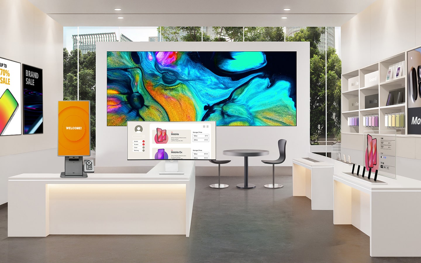 ديكور داخلي لمتجر إلكترونيات عصري يضم شاشات رقمية وهواتف ذكية على الطاولات وشاشة LED كبيرة ملونة على الجدار الخلفي.