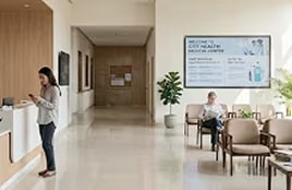 Doctor and patient reviewing a chest X-ray on a digital screen in a medical consultation room