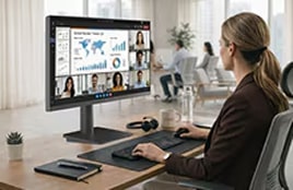 Man participating in a video conference call on an ultrawide curved monitor displaying multiple people and data charts.