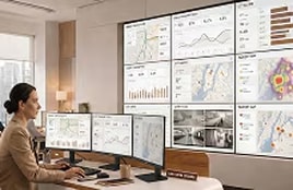 Control room with multiple large display screens showing data charts, maps, and monitoring dashboards while people work at computer stations.