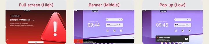 باستخدام إعدادات CAP (بروتوكول التنبيه المشترك)، يتم إرسال إنذارات أو تحذيرات الطوارئ تلقائياً إلى الأجهزة أثناء الكوارث. بناءً على درجة الضرورة والخطورة، يتم عرض الرسائل في وضع ملء الشاشة، أو في المنتصف، أو في أسفل الشاشة. توضح هذه الصورة مثل هذا السيناريو.