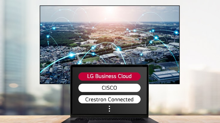 توضح هذه الصورة إمكانية تكامل حلول مثل LG Business Cloud وCisco بسلاسة مع شاشات العرض.
