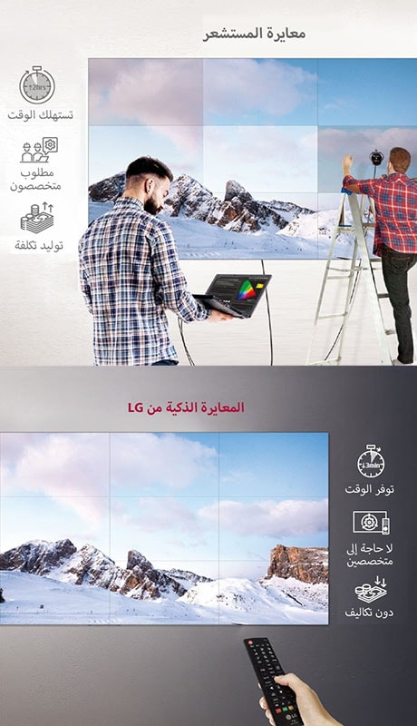 على اليسار، هناك شخص يستخدم معايرة المستشعر لضبط ألوان جدار الفيديو من خلال الكمبيوتر المحمول المتصل، والشخص الآخر على السلم يقوم بتقييم خطأ الشاشة. في المقابل، يقوم مستخدم المعايرة الذكية من LG على اليمين بالتعديل من جهاز تحكم عن بُعد بسهولة وببساطة.