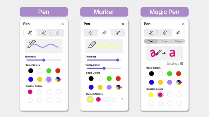 A view of the setting for the Pen, Marker, and Magic Pen tools.