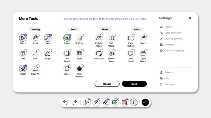 An image showing the customization of the tool bar menu layout.