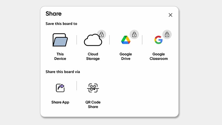 A view of the Share menu window used to save and share created content.