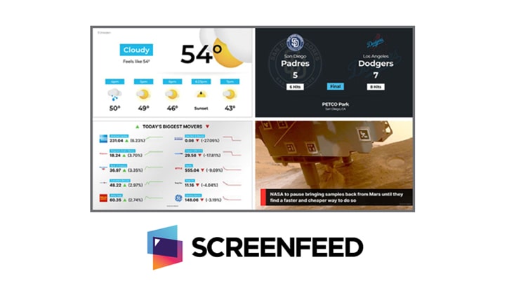 This image shows examples of various screen layouts that can be created using SCREENFEED content.