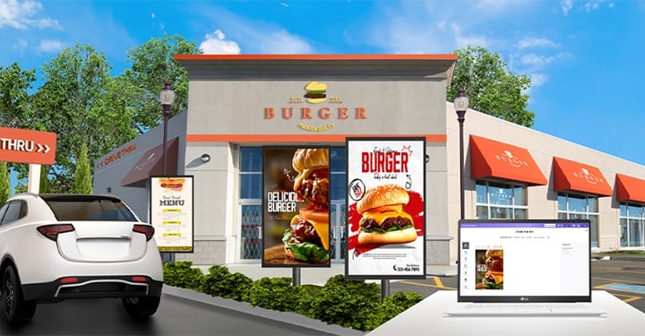 This image shows a solution page displayed on a laptop, demonstrating content creation and its application to retail displays.