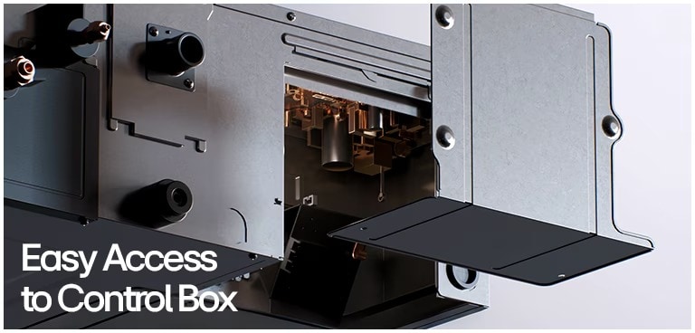 Control box open panel reveals internal connectors & components; labeled 'Easy Access to Control Box'.