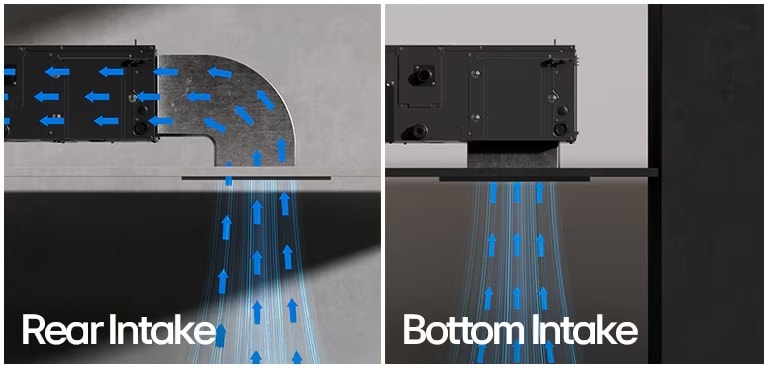 Dual air intake configurations with rear intake airflow and bottom intake airflow, both with blue arrows shown.
