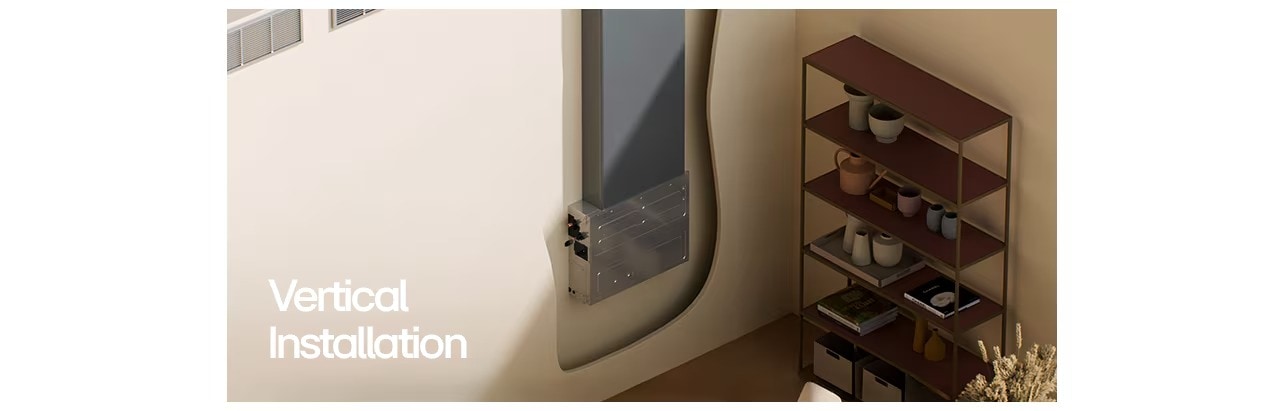 Left metal connector panel (245mm) and right modern bathroom with ceiling vent (300mm).