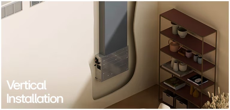 Left metal connector panel (245mm) and right modern bathroom with ceiling vent (300mm).