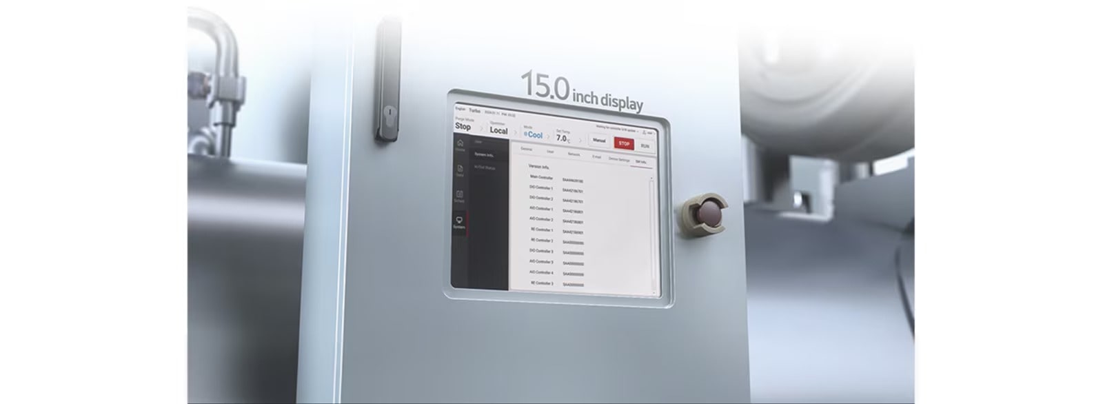 15.0 inch display with user-friendly interface for a chiller control system.