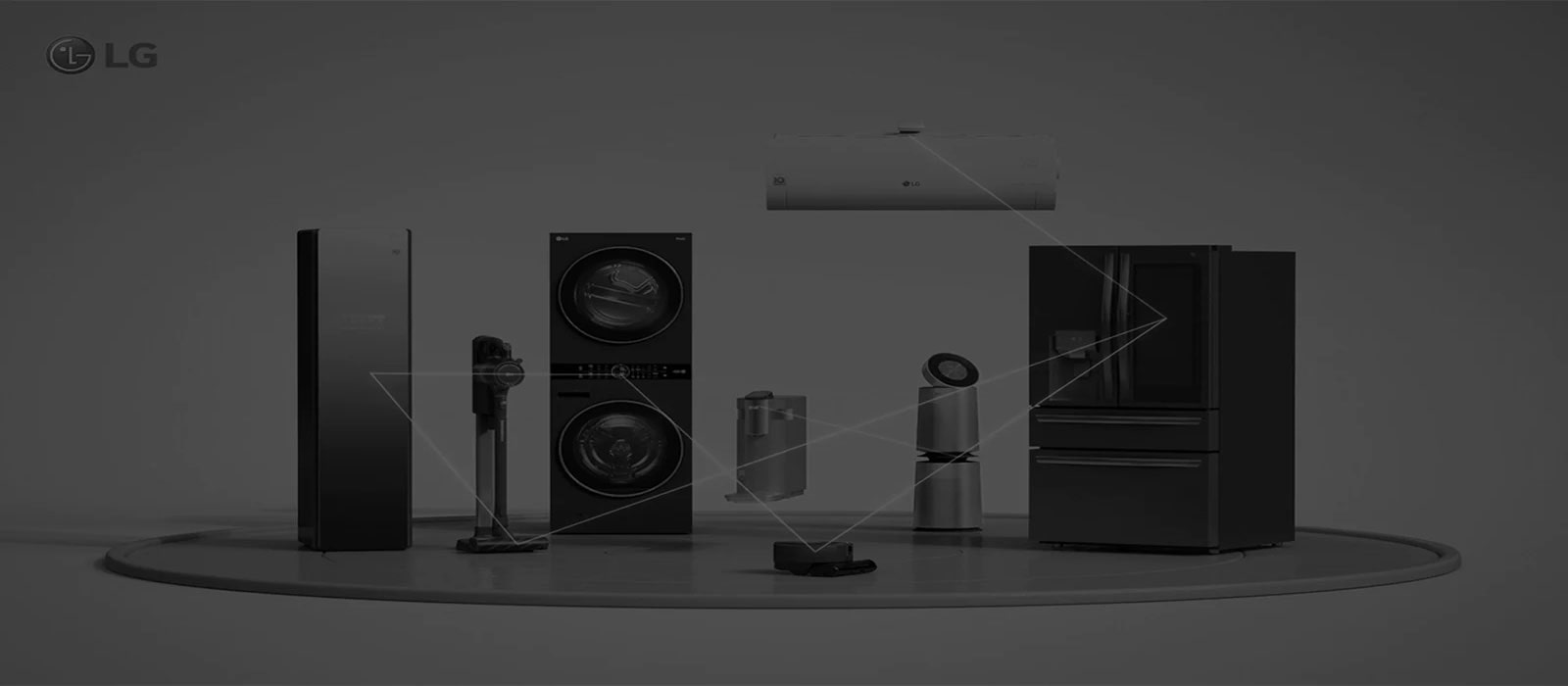 Many home appliances of LG showing connectivity in between them with ThinQ Home service. 