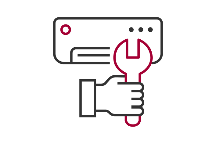 Convenient Installation & Maintenance icon featuring a hand holding a wrench in front of an air conditioning unit.