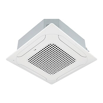 LG Ceiling Cassette consists of a white top and bottom. At the bottom, there are fans in each of the four directions, so air can flow.