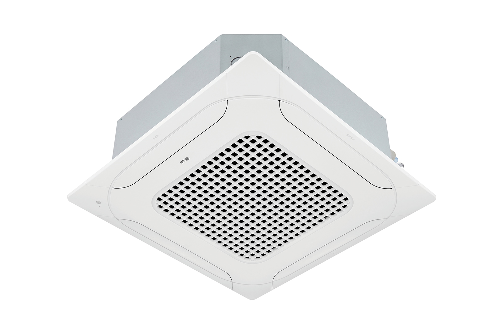 LG Ceiling Cassette consists of a white top and bottom. At the bottom, there are fans in each of the four directions, so air can flow.