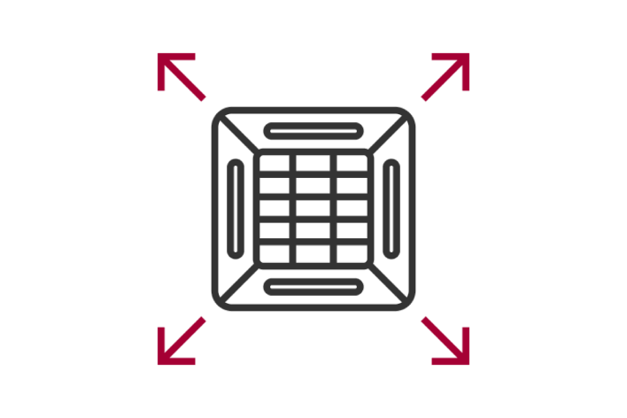 Wide Coverage Area icon featuring a square ventilation grid with arrows pointing outward in all directions.