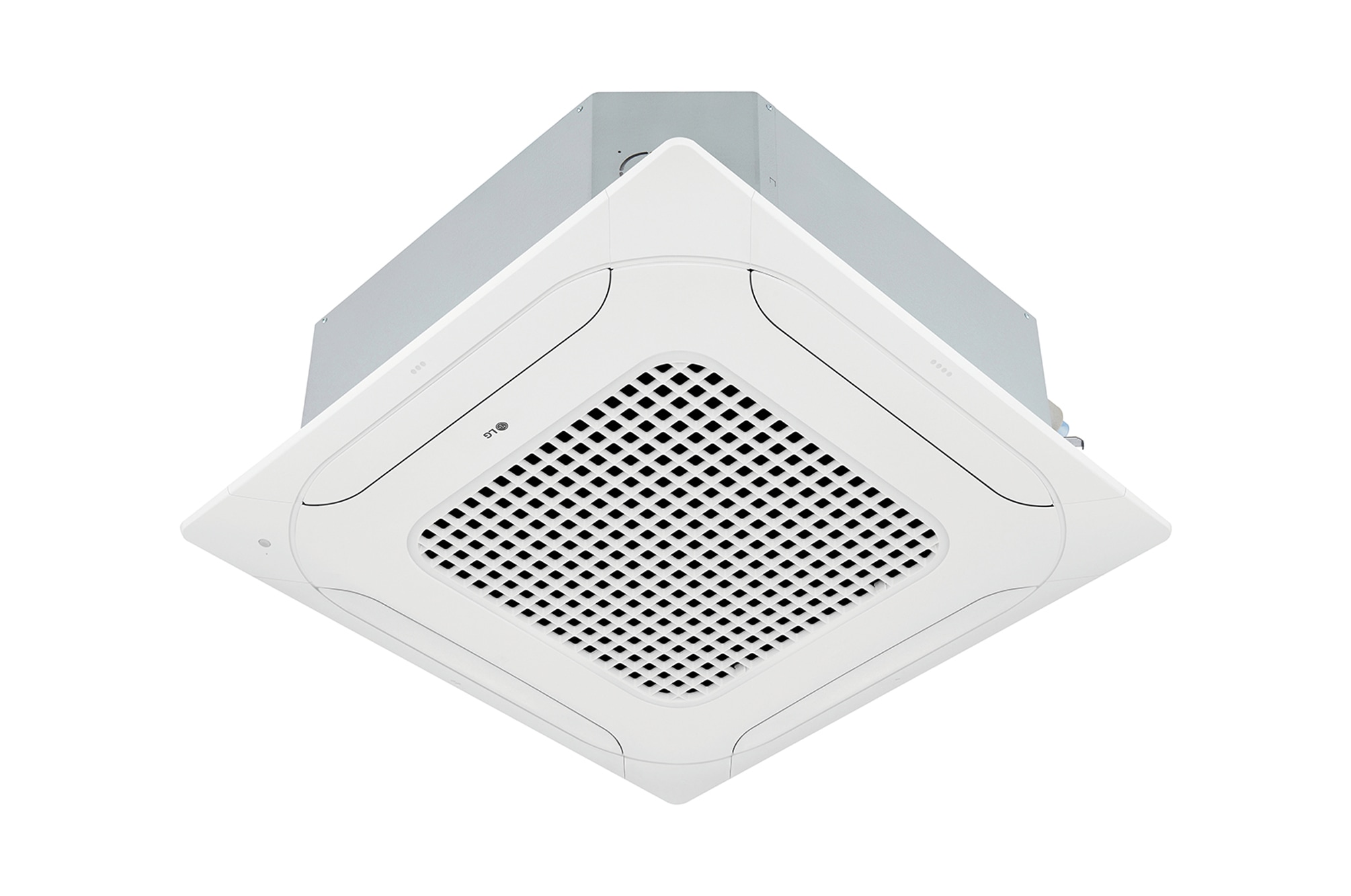 LG Ceiling Cassette consists of a white top and bottom. At the bottom, there are fans in each of the four directions, so air can flow.