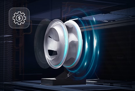 The Direct Drive Fan Motor with blue light effects, surrounded by a dark background. A gear icon is in the top left corner.