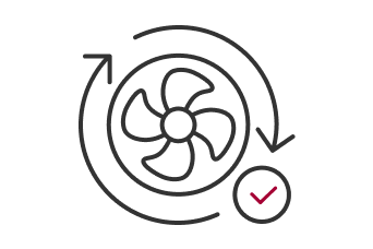 A fan blade with two curved arrows circling it, indicating continuous rotation, and a red checkmark below.