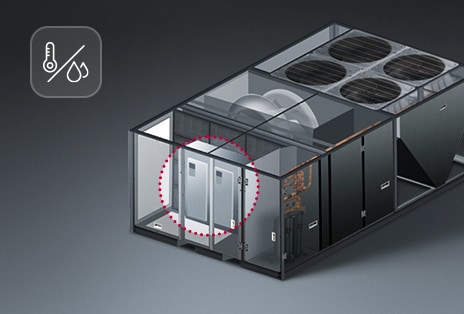 Cutaway view of a Single Packaged unit with a circled area highlighting a dual sensor. A thermometer and water drop icon are in the top left corner.
