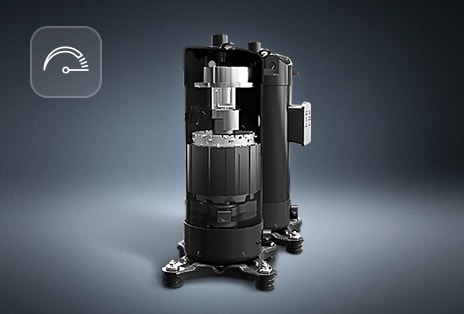 Cutaway view of an LG Inverter Compressor. In the top left corner, there’s a gauge icon symbolizing speed.