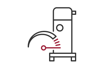 Black line drawing of a compressor with a red speedometer needle indicating high speed.