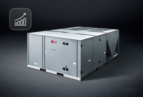 LG Inverter Single Package unit with a gray metal exterior and a upward arrow icon representing increased efficiency.