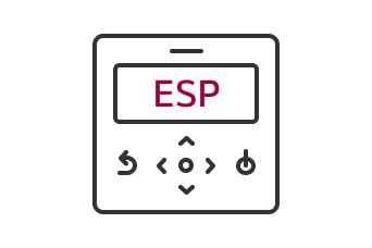 A remote control with buttons for power, arrows, and a circular button. The screen displays "ESP" in red.