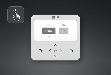 LG remote control with a touch icon, arrows, and buttons for "Slow" and "ESP." The screen displays "Slow" and "0."
