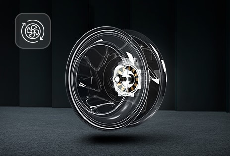 Transparent view of the Direct Drive Fan Motor with a circular arrow icon indicating rotation. The Motor is surrounded by a black background.