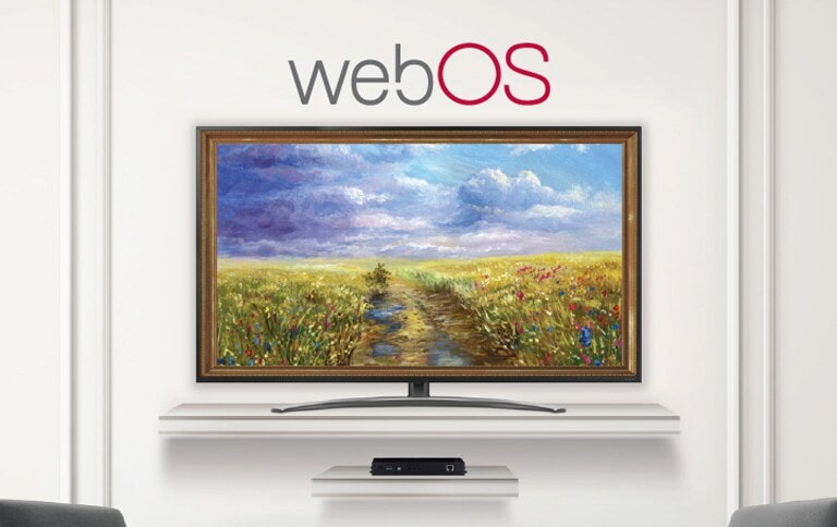 A TV connected to the STB6500 is screening an art piece with Gallery Mode based on webOS 5.0.