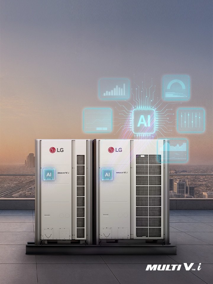 On a tropical rooftop, MULTI V i Tropical outdoor units demonstrate smart, enhanced performance with an AI chip.