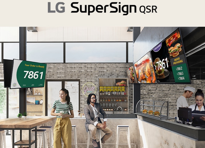 The fast-food restaurant features various types and sizes of signage screens, each displaying menus, queue numbers, food photos, and more.