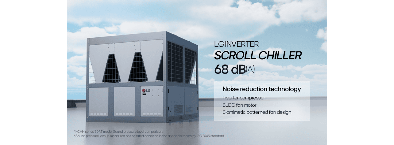 "Chiller แบบสกรอลล์อินเวอร์เตอร์ยี่ห้อ LG ที่ติดตั้งอยู่บนหลังคาอาคาร "