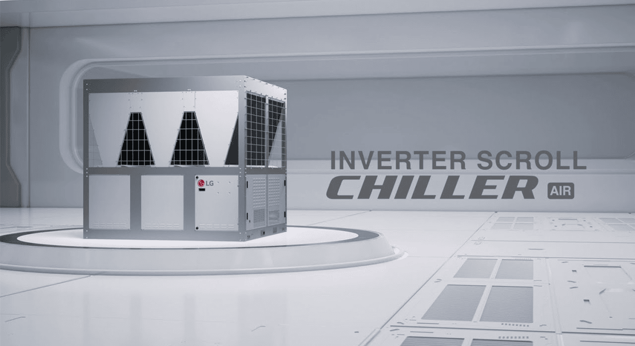 LG Inverter Scroll Chiller แสดงให้เห็นสภาพแวดล้อมที่เน้นความล้ำสมัยและเทคโนโลยีแห่งอนาคต