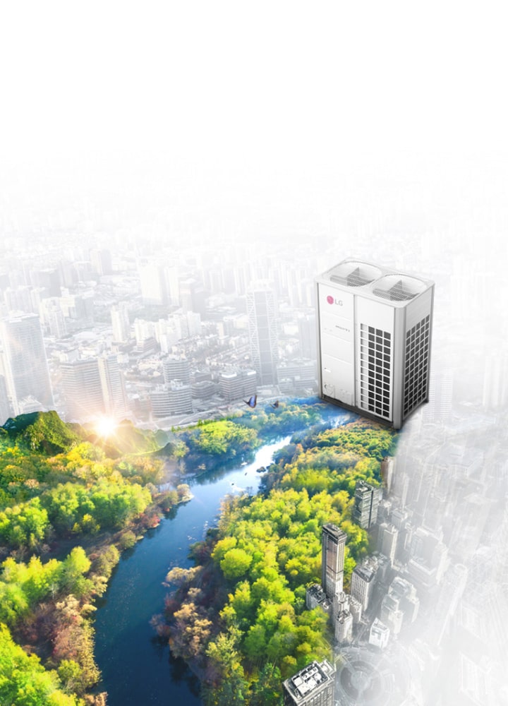 รูปภาพของ LG MULTI V 5 PRO แสดงให้เห็นตัวเครื่องบนพื้นหลังที่มีภาพทิวทัศน์เมืองผสมผสานกับสวนสาธารณะสีเขียวที่มีชีวิตชีวา