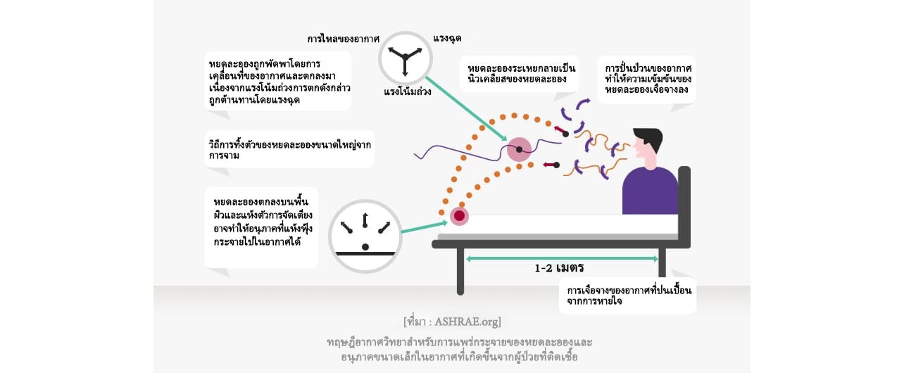 การไหลของอากาศ แรงลาก แรงโน้มถ่วง หยดละอองถูกพัดพาโดยการเคลื่อนที่ของอากาศและตกลงมาเนื่องจากแรงโน้มถ่วง การตกดังกล่าวถูกต้านทานโดยแรงฉุด หยดละอองระเหยกลายเป็นนิวเคลียสของหยดละออง การปั่นป่วนของอากาศทำให้ความเข้มข้นของหยดละอองเจือจางลง วิถีการทิ้งตัวของหยดละอองขนาดใหญ่จากการจาม หยดละอองตกลงบนพื้นผิวและแห้งตัว การจัดเตียงอาจทำให้อนุภาคที่แห้งฟุ้งกระจายไปในอากาศได้ 1-2 เมตร การเจือจางของอากาศที่ปนเปื้อนจากการหายใจ [ที่มา: ASHRAE.org] ทฤษฎีอากาศวิทยาสำหรับการแพร่กระจายของหยดละอองและอนุภาคขนาดเล็กในอากาศที่เกิดขึ้นจากผู้ป่วยที่ติดเชื้อ