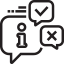 Three word bubbles of distinct sizes, each outlined in black, contain different marks, an exclamation, a question, and a check, respectively. 