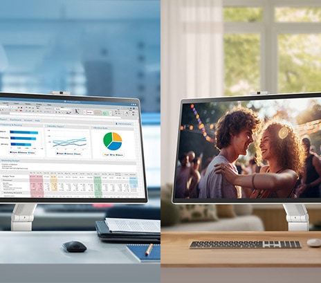 ในภาพด้านซ้าย LG Smart Monitor Swing ในสำนักงานแสดงแผนภูมิต่างๆ ในขณะที่ในภาพด้านขวา LG Smart Monitor Swing ที่บ้านกำลังฉายภาพยนตร์ 