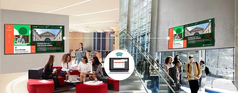 Kampüs haberleri ve duyuruları, çeşitli lobilerde kurulu geniş ekranlarda görüntüleniyor. BT yöneticisi, LG ConnectedCare DMS ile belirli cihazlarda uzaktan içerik yayımlayabilir.	