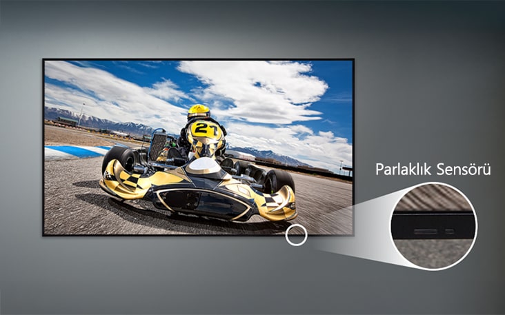 A UL3Q is mounted on the wall, with a close-up of the brightness sensor located on the lower front of the display.