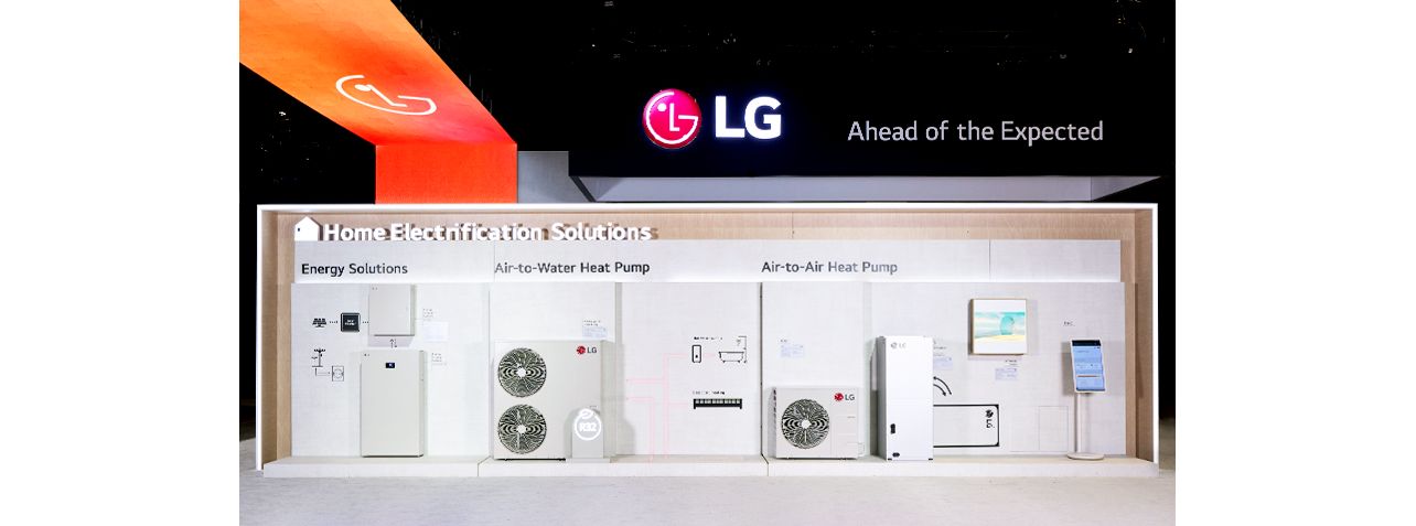 LG; Enerji Çözümleri, Havadan Suya Isı Pompası ve Havadan Havaya Isı Pompasını içeren Ev Elektrifikasyon Çözümlerini gösteriyor.