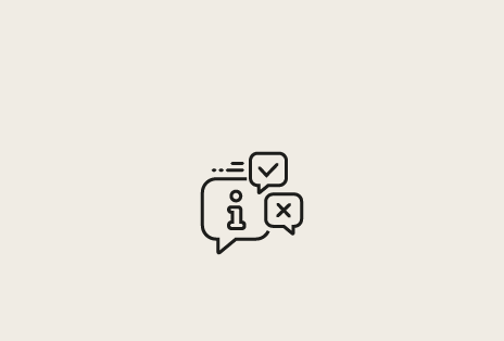Three word bubbles of distinct sizes, each outlined in black, contain different marks, an exclamation, a question, and a check, respectively.