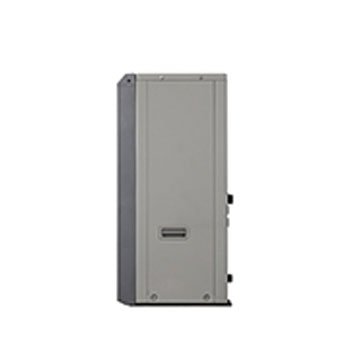 LG Air to Water Heat Pumps  HM051MRS UA40, right side view of a black outdoor unit featuring a grey wavy grille.