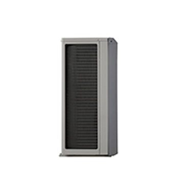 LG Air to Water Heat Pumps  HM051MRS UA40, left side view of a black outdoor unit featuring a grey wavy grille.