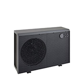 LG Air to Water Heat Pumps  HM051MRS UA40, top-left view of a black outdoor unit featuring a grey wavy grille.